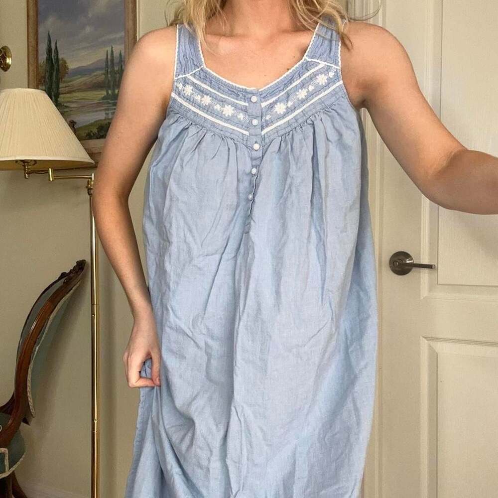 Women's Blue Sleeveless Cotton Nightdress with Embroidered Yoke - Picture 3 of 9